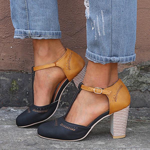 Elegant T-strap block heel shoes for women, perfect for comfort & style.