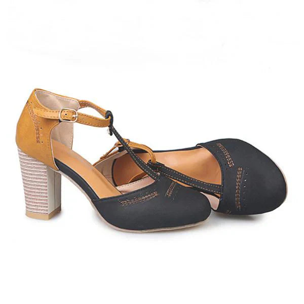 Women's comfort T-strap block heels with round toe & ankle strap, ideal for parties.