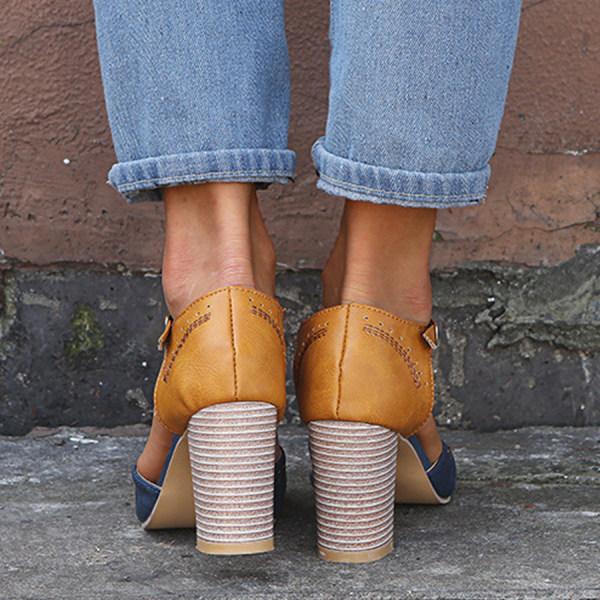 Versatile women's elegant block heel shoes featuring T-strap and cutout design.