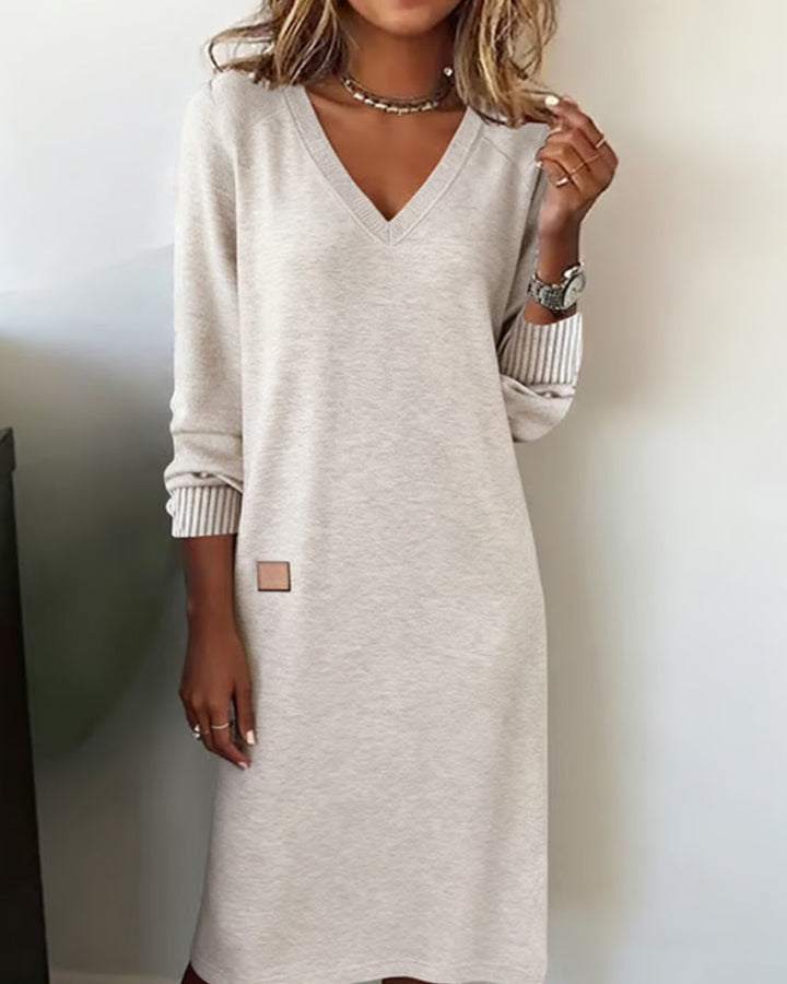 Elegant V-neck long sleeve midi dress for women, perfect for office or casual fall & winter wear.