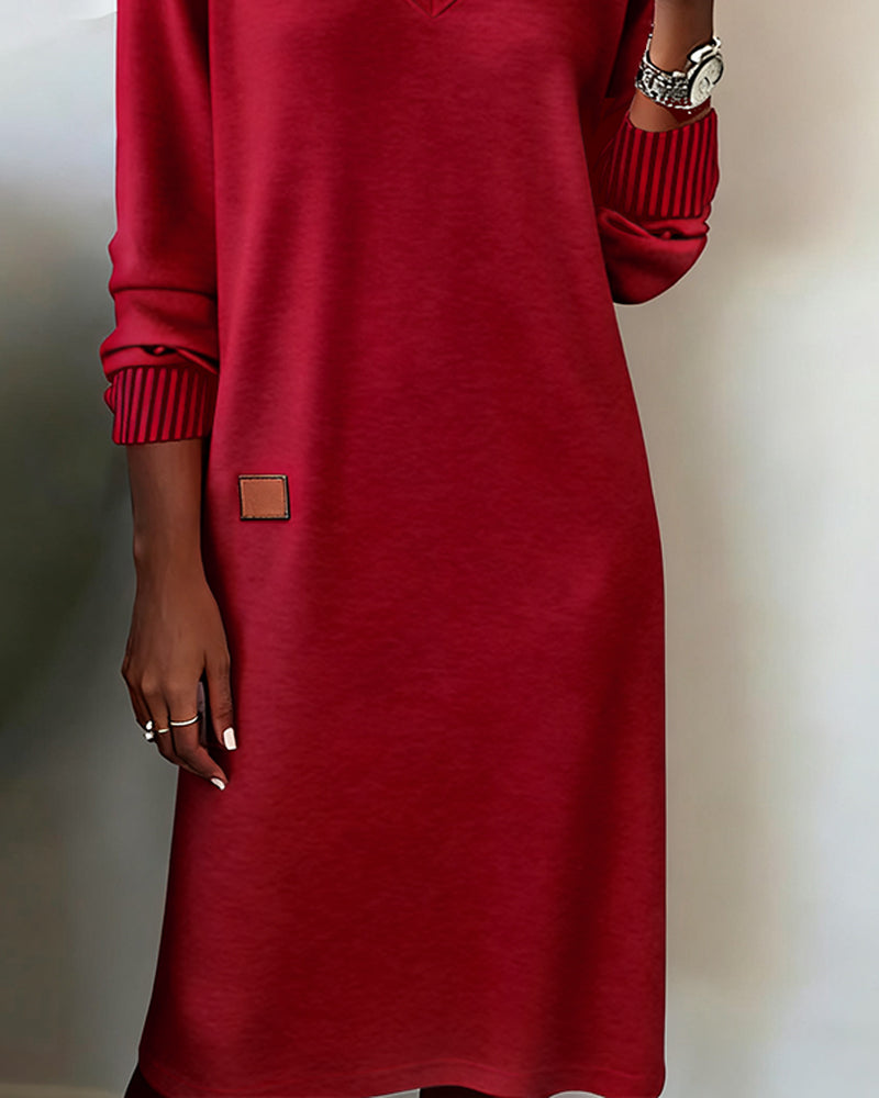 Pullover V-neck long sleeve midi dress for women, offering elegant and comfortable office fashion.