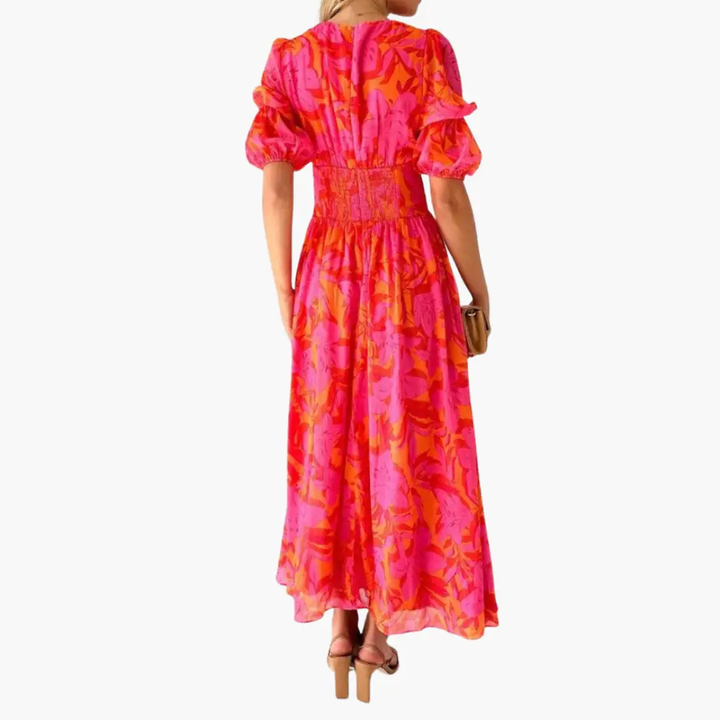 Chic women's maxi dress with elegant puff sleeves and V-neck design. A versatile long dress for summer or formal events.