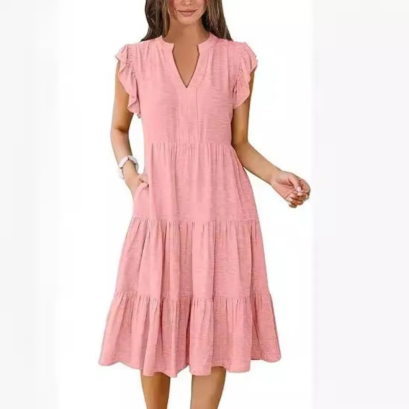 Comfortable women's V-neck tiered midi dress, ideal for a stylish casual day or summer outing.