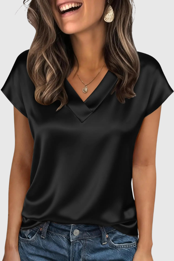 Versatile short sleeve V-neck top. Casual chic women's blouse, great for office or day-to-night fashion.