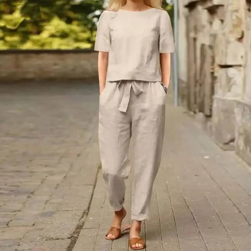 Red vintage two-piece women's summer outfit with a comfortable cotton blend. Ideal for spring fashion & beachwear.