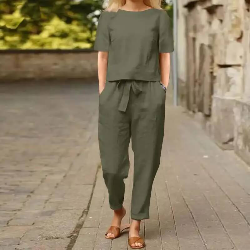 Beige women's matching set: elegant vintage two-piece summer outfit in a soft cotton blend, perfect for casual comfort.