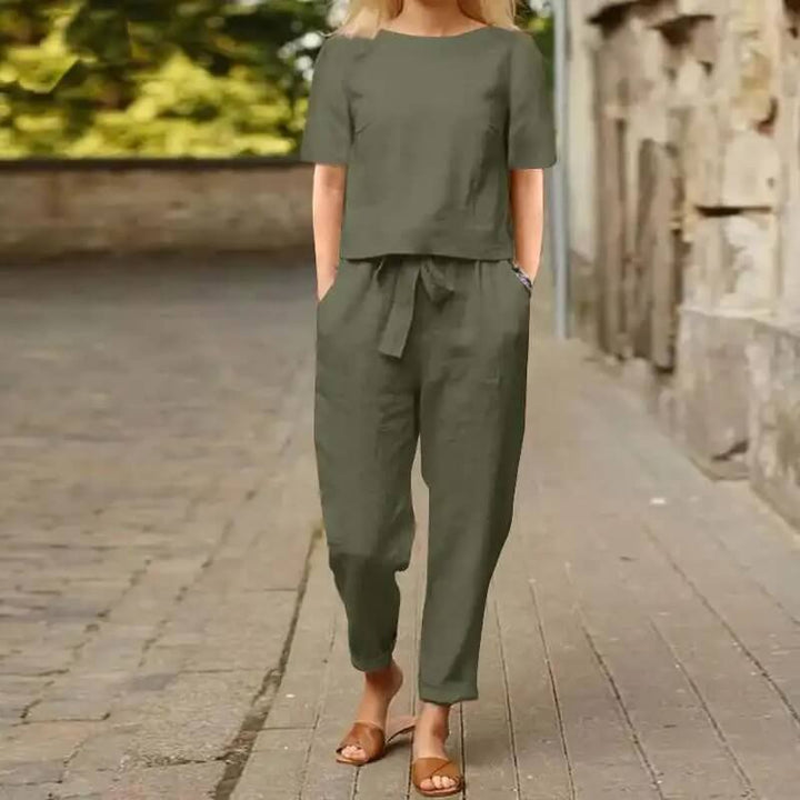 Beige women's matching set: elegant vintage two-piece summer outfit in a soft cotton blend, perfect for casual comfort.