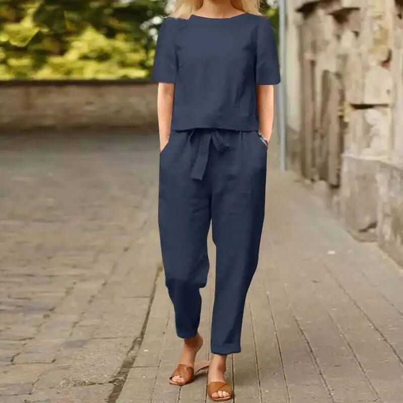 Blue vintage two-piece women's summer set, a comfortable cotton blend matching outfit for casual wear & spring fashion.