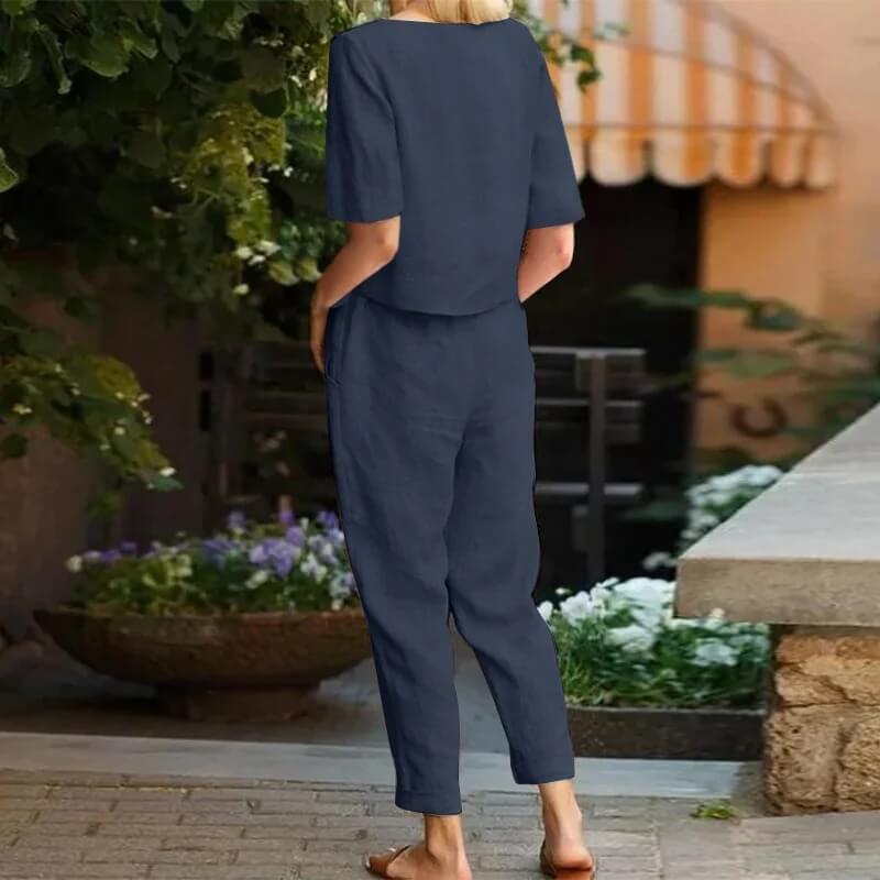 Green elegant vintage two-piece summer set for women. Comfortable cotton blend, ideal for beachwear & casual outings.