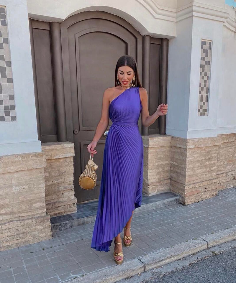 Elegant violet one-shoulder pleated maxi dress for women, perfect as a wedding guest or formal evening gown.