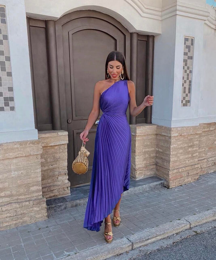 Elegant violet one-shoulder pleated maxi dress for women, perfect as a wedding guest or formal evening gown.