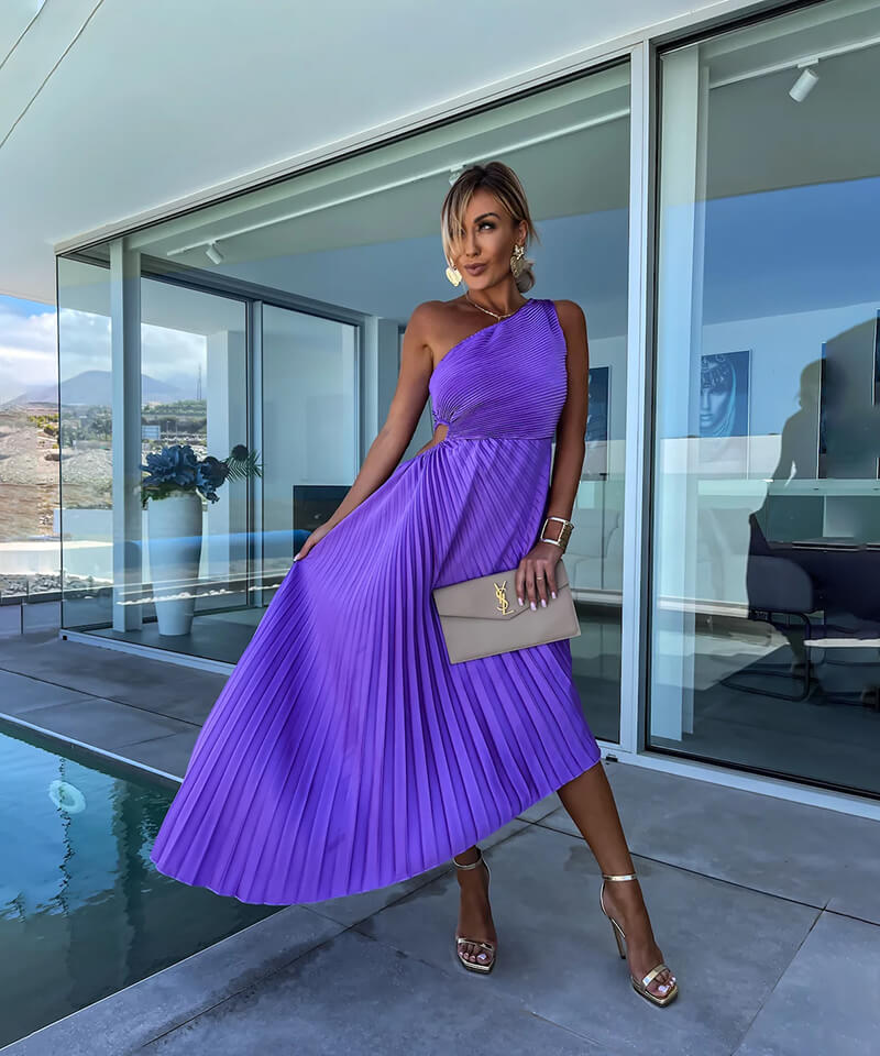 Women's formal violet one-shoulder maxi dress with elegant pleats, ideal for wedding guests & special occasions.
