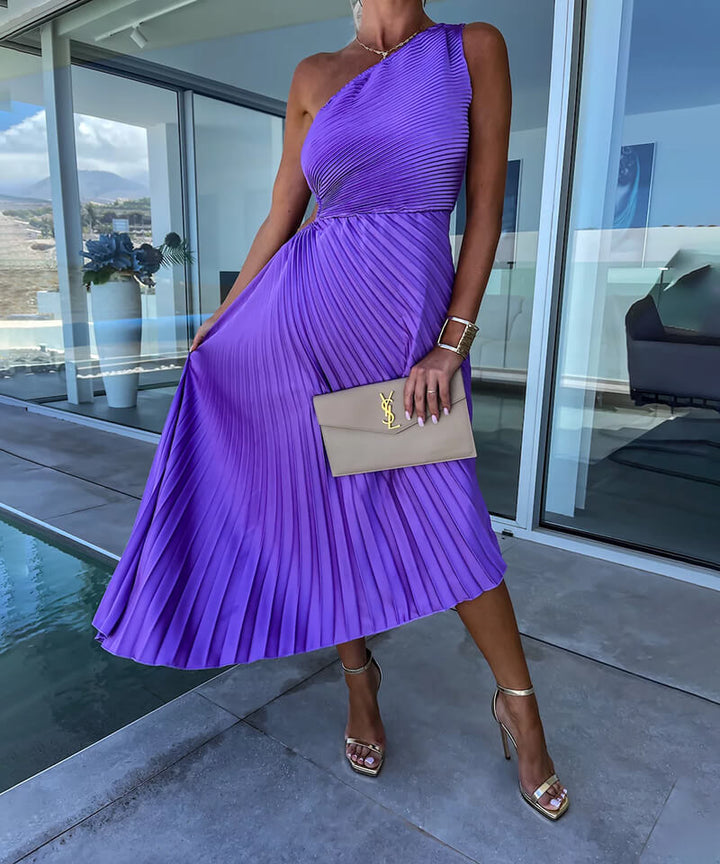 Chic women's one-shoulder pleated maxi dress in violet, an elegant choice for wedding guests & evening events.
