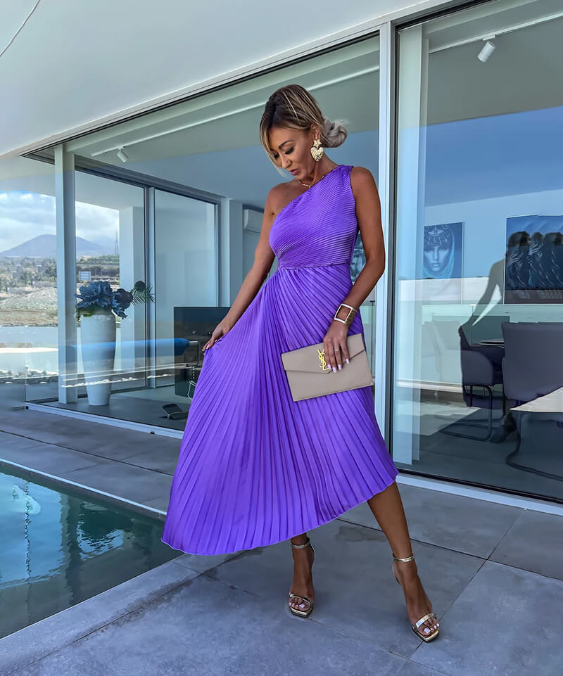 Full-length women's violet pleated one-shoulder maxi dress, a stunning formal gown for any wedding guest.