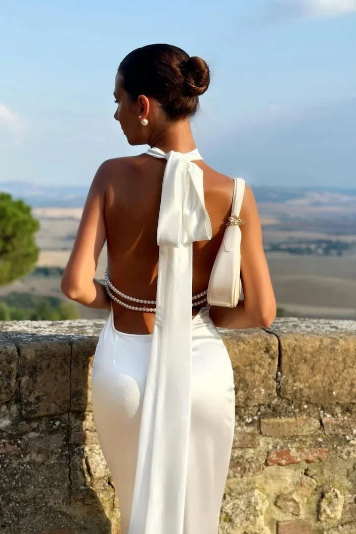 Sophisticated women's backless halter maxi dress, ideal for evening parties or formal events.