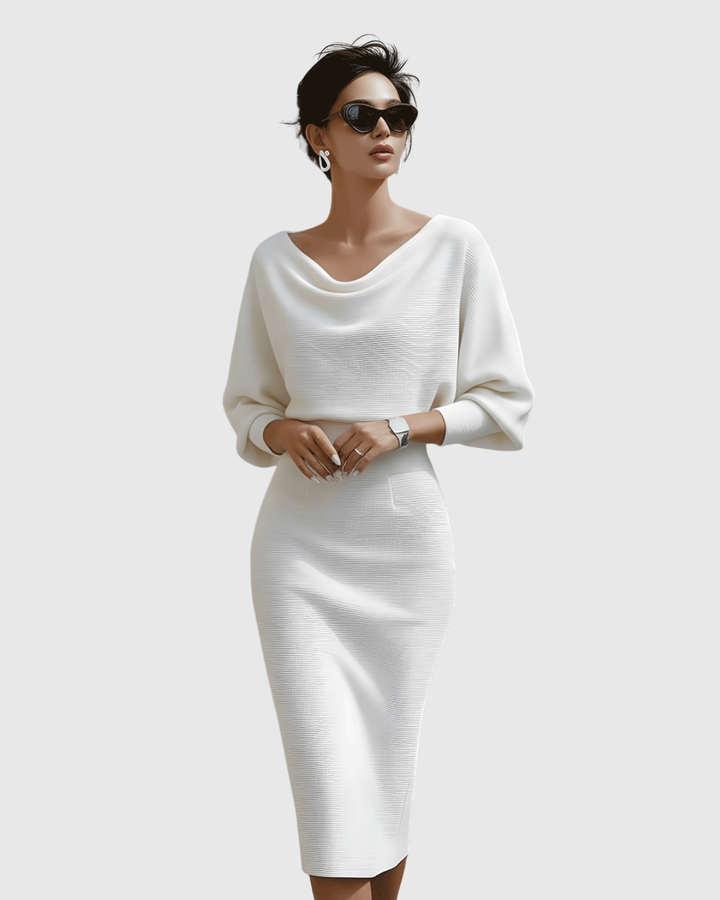 Elegant women's white draped midi dress with stylish batwing sleeves for special occasions.