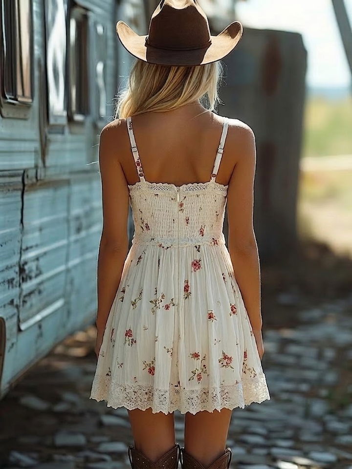 Women's white floral summer mini dress with a chic V-neck, ruffles, and a flattering high-low hem, perfect for parties.