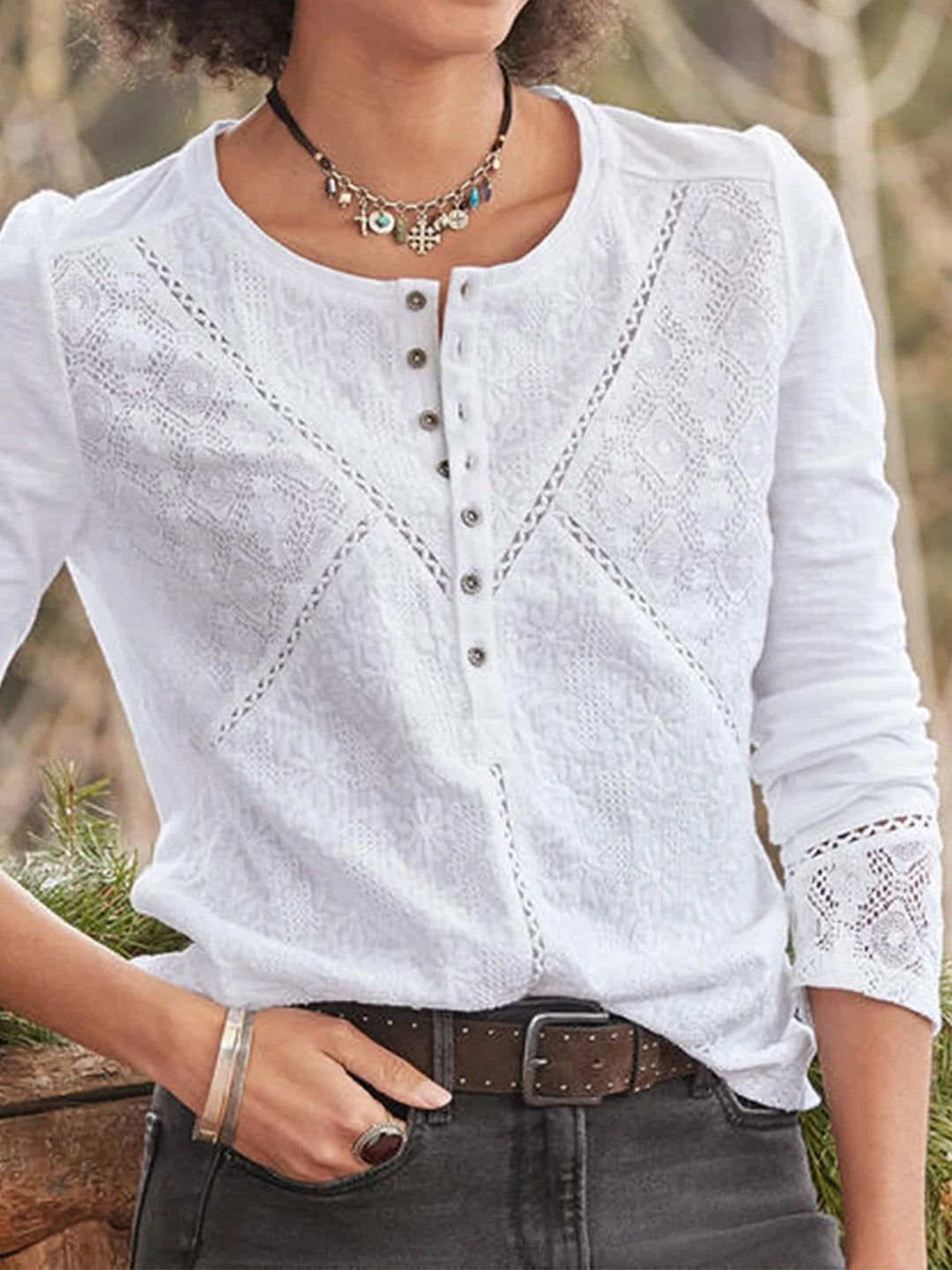 Elegant white lace crew neck long sleeve blouse for women. Versatile office wear or casual chic top for spring/fall.