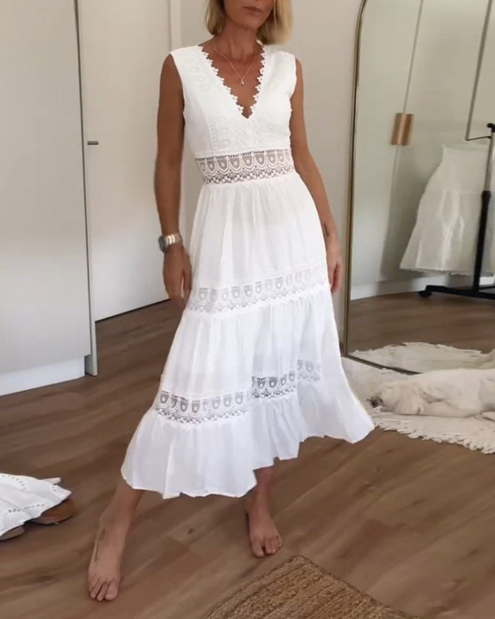 Elegant white lace midi dress for women, sleeveless A-line V-neck, perfect for summer special occasions.