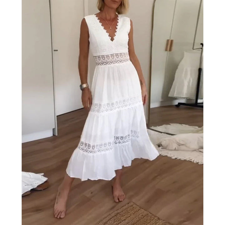 Elegant dark lace midi dress for women, sleeveless A-line V-neck, perfect for summer evening events.
