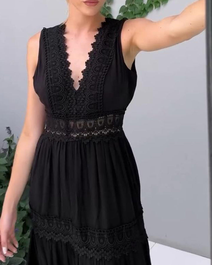 Black sleeveless lace midi dress for women, A-line V-neck style, ideal for elegant summer casual wear.