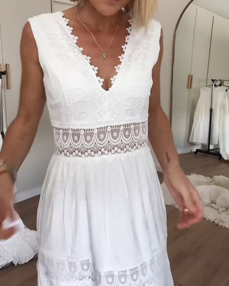 Flattering A-line women's lace midi dress, V-neck & sleeveless, perfect for elegant summer events.