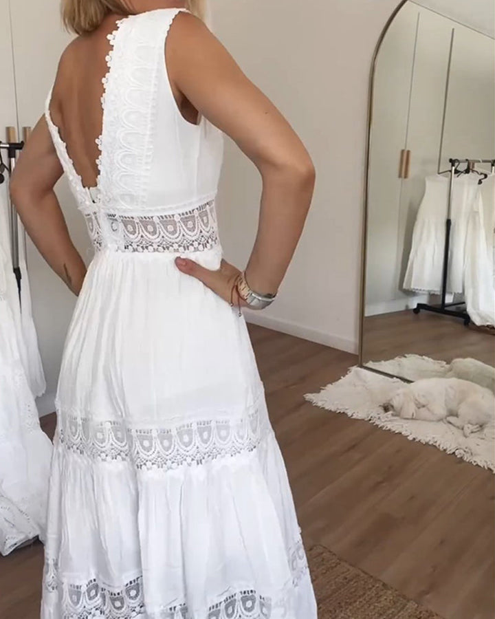 Women's delicate lace summer midi dress, sleeveless A-line cut, an elegant and flattering choice.