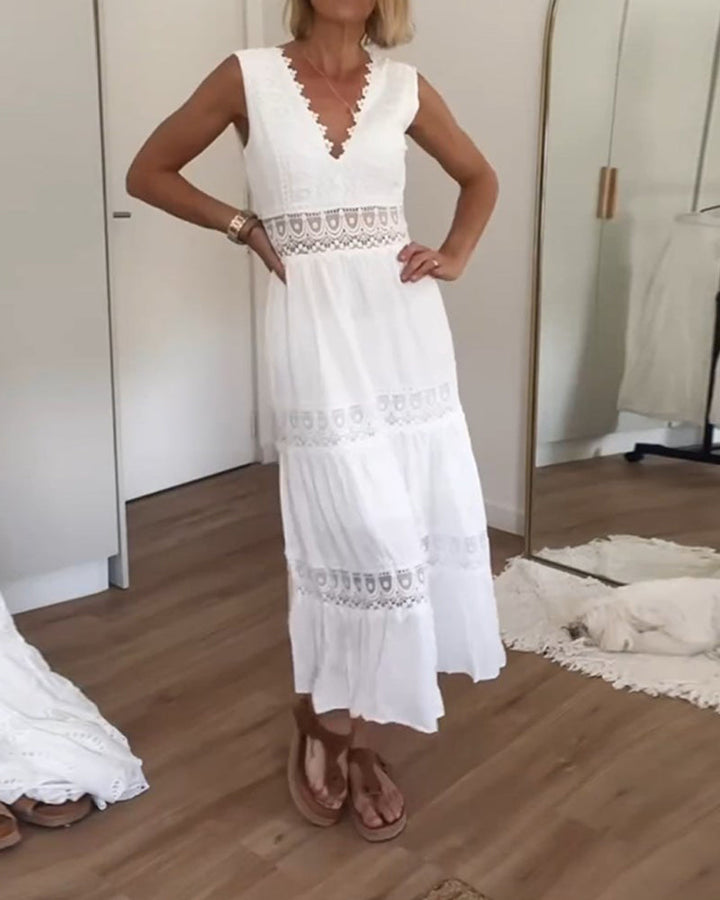 V-neck lace midi dress for women, elegant sleeveless A-line design, great for summer parties.