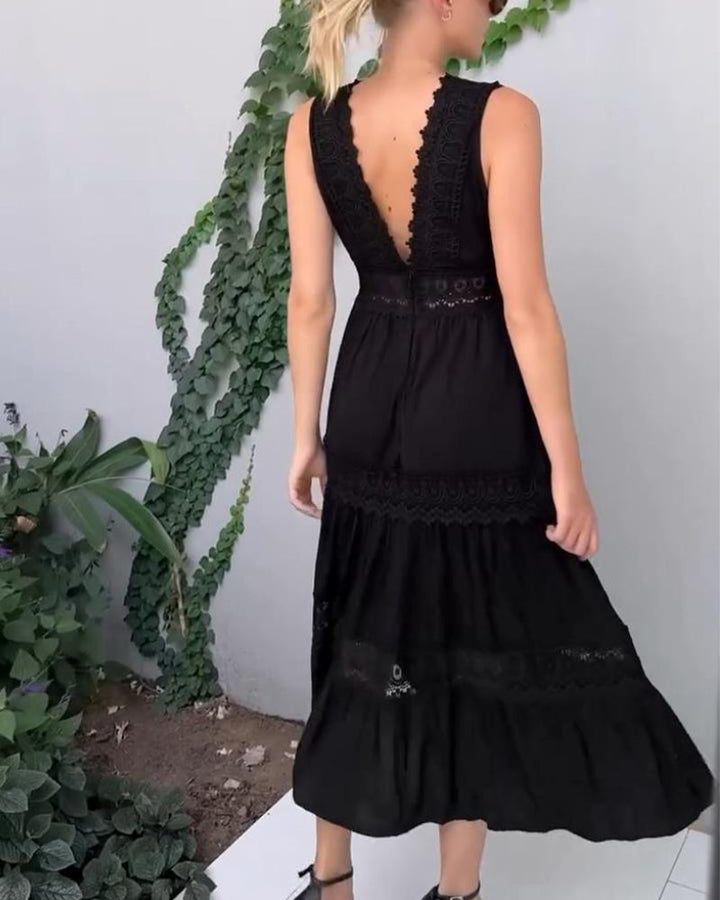 Elegant yet casual women's lace midi dress, sleeveless A-line V-neck, perfect for summer days.