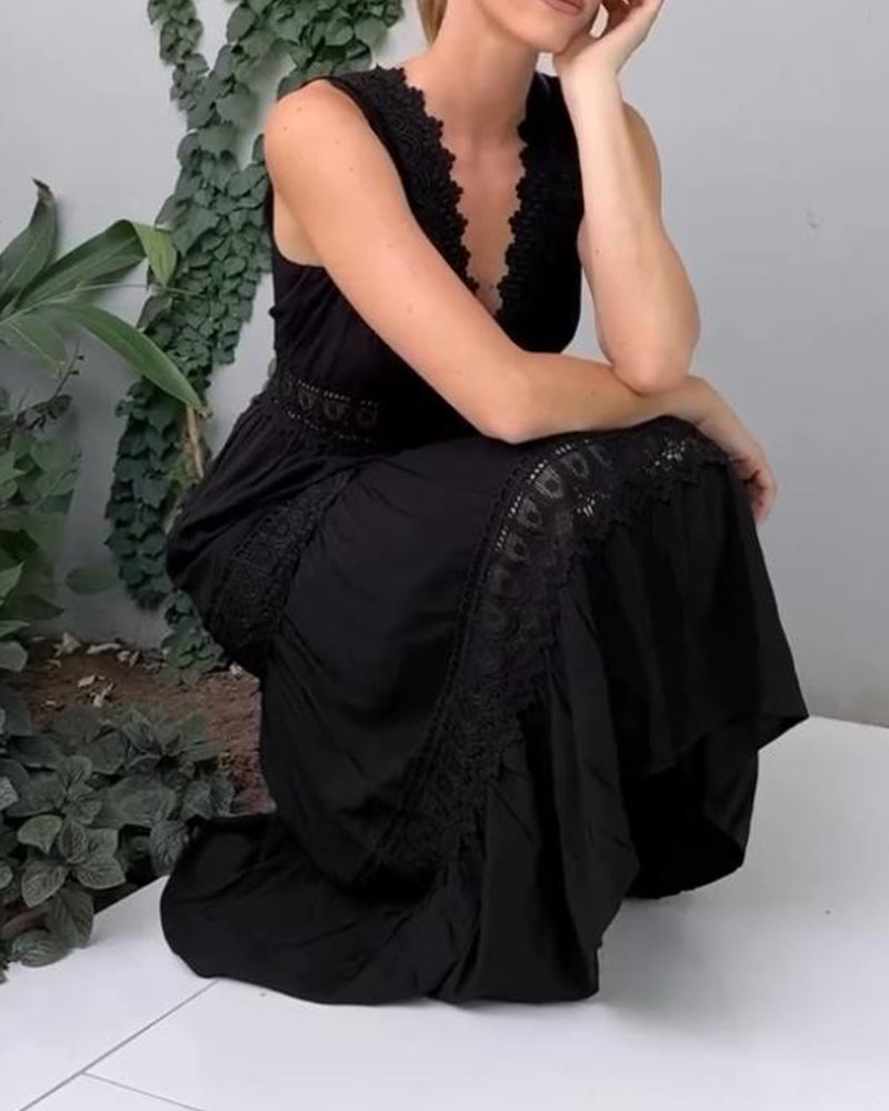 Beautiful lace summer midi dress for women, elegant A-line V-neck sleeveless design, flattering fit.