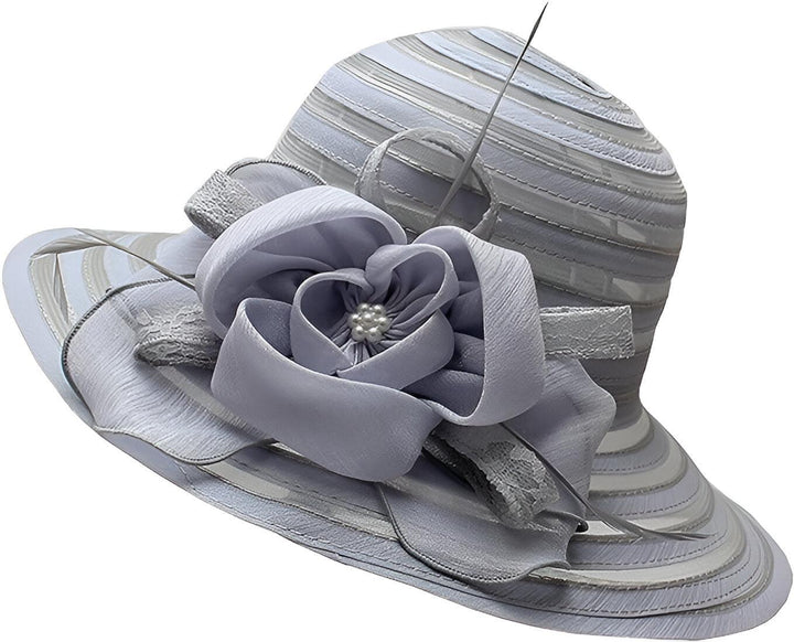 Women's dressy wide-brim organza hat with floral detail, perfect for elegant summer events.