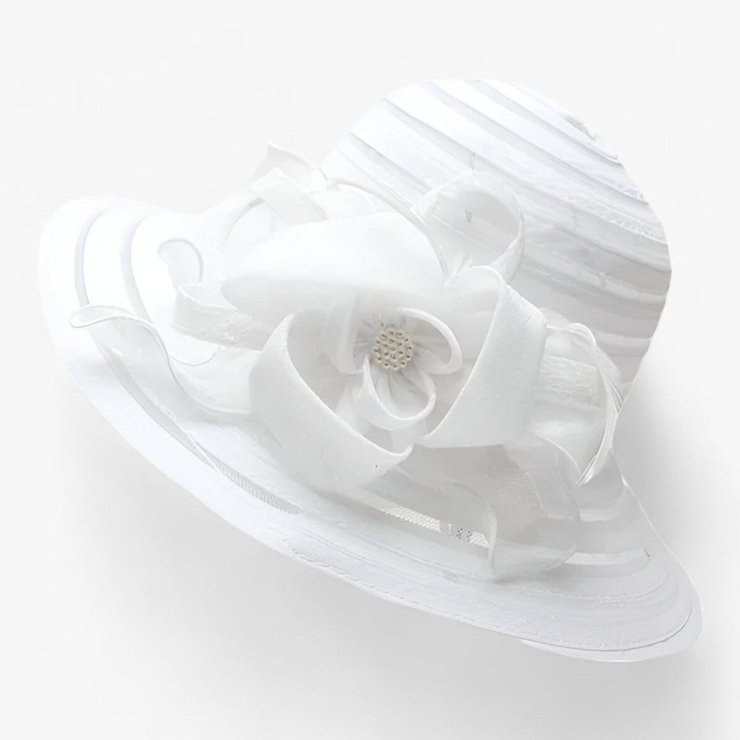 Stylish women's Mireille organza sun hat, offering chic sun protection at outdoor gatherings.