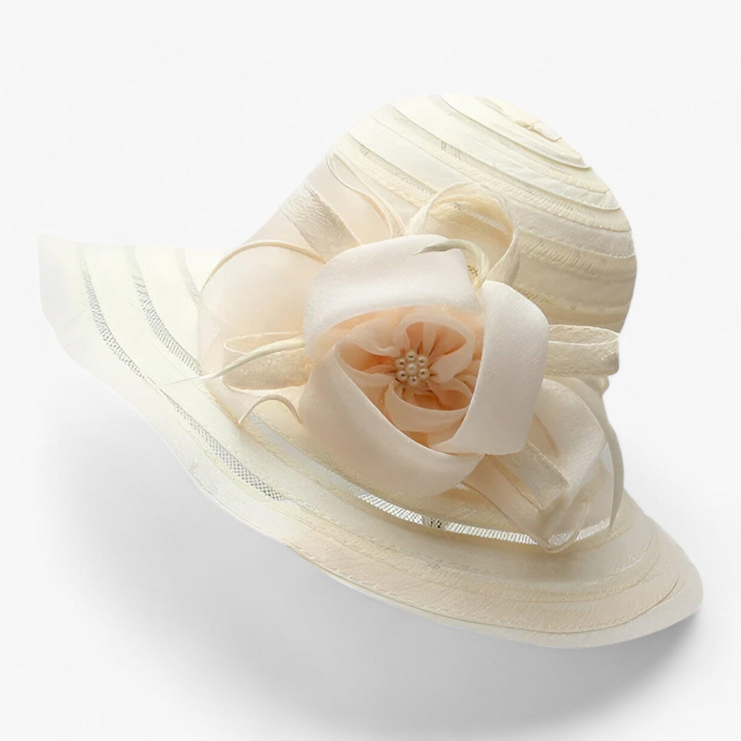 Elegant organza sun hat for women, white, with a wide brim, perfect for wedding guests.