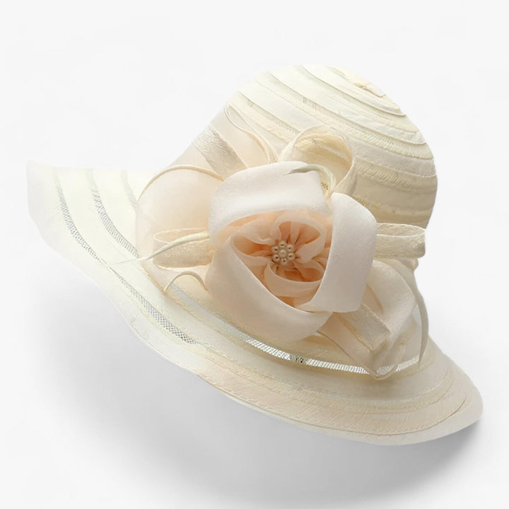 Elegant organza sun hat for women, white, with a wide brim, perfect for wedding guests.