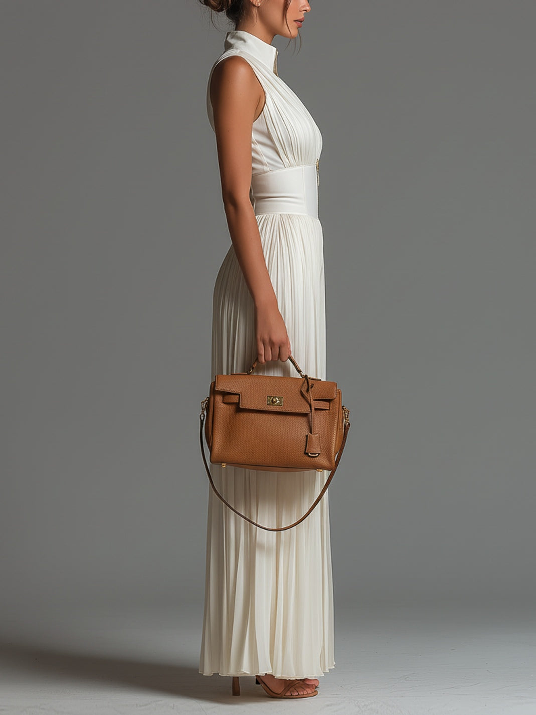 Women's sophisticated white pleated jumpsuit with a V-neck and corset waist, perfect for evening wear and special occasions.