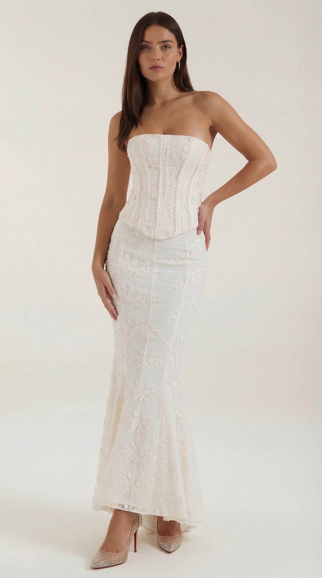 Elegant white strapless corset maxi dress for women, perfect for formal events & special occasions.