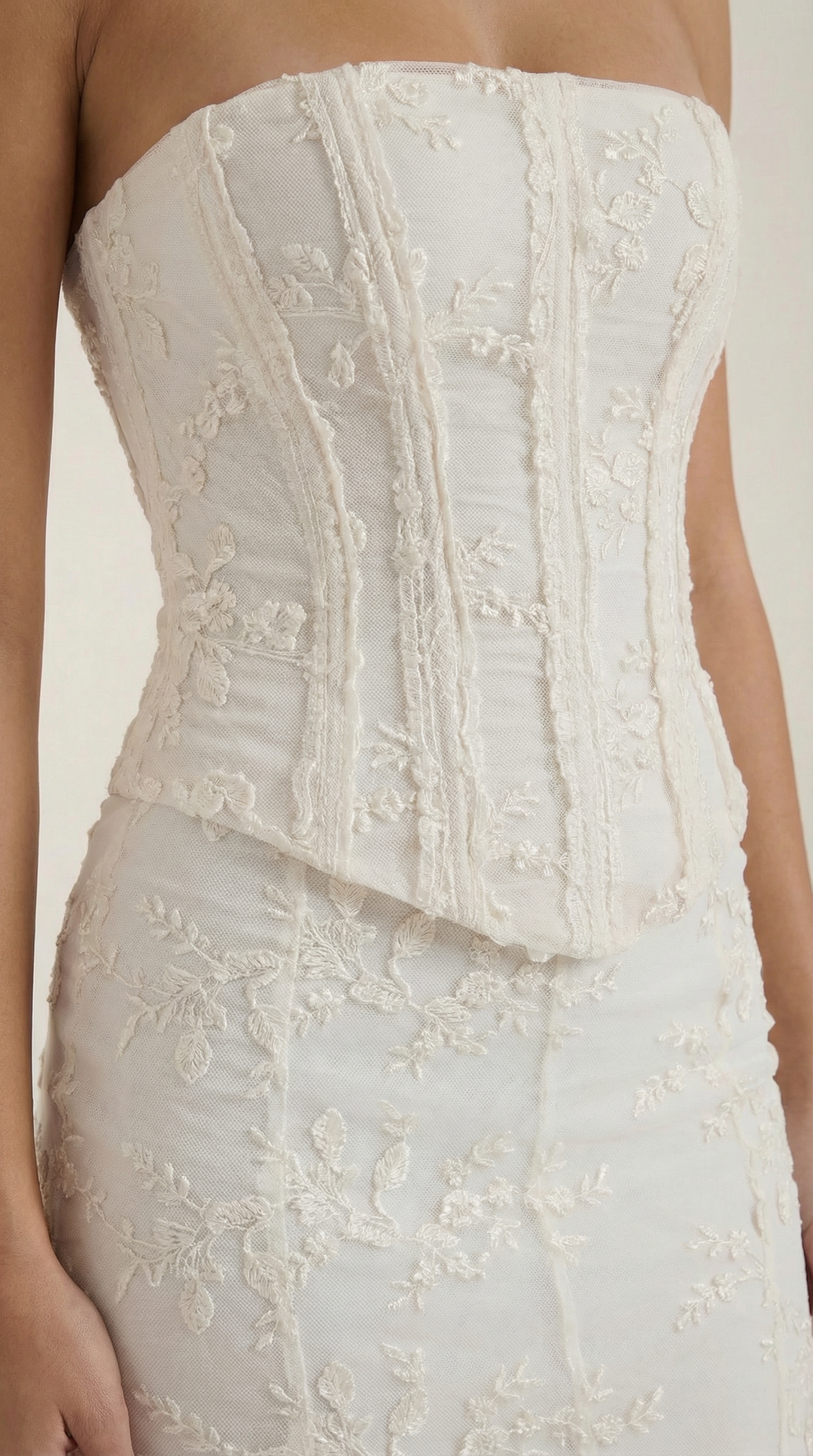 Stylish women's strapless corset maxi dress, an elegant white gown for special occasion fashion.