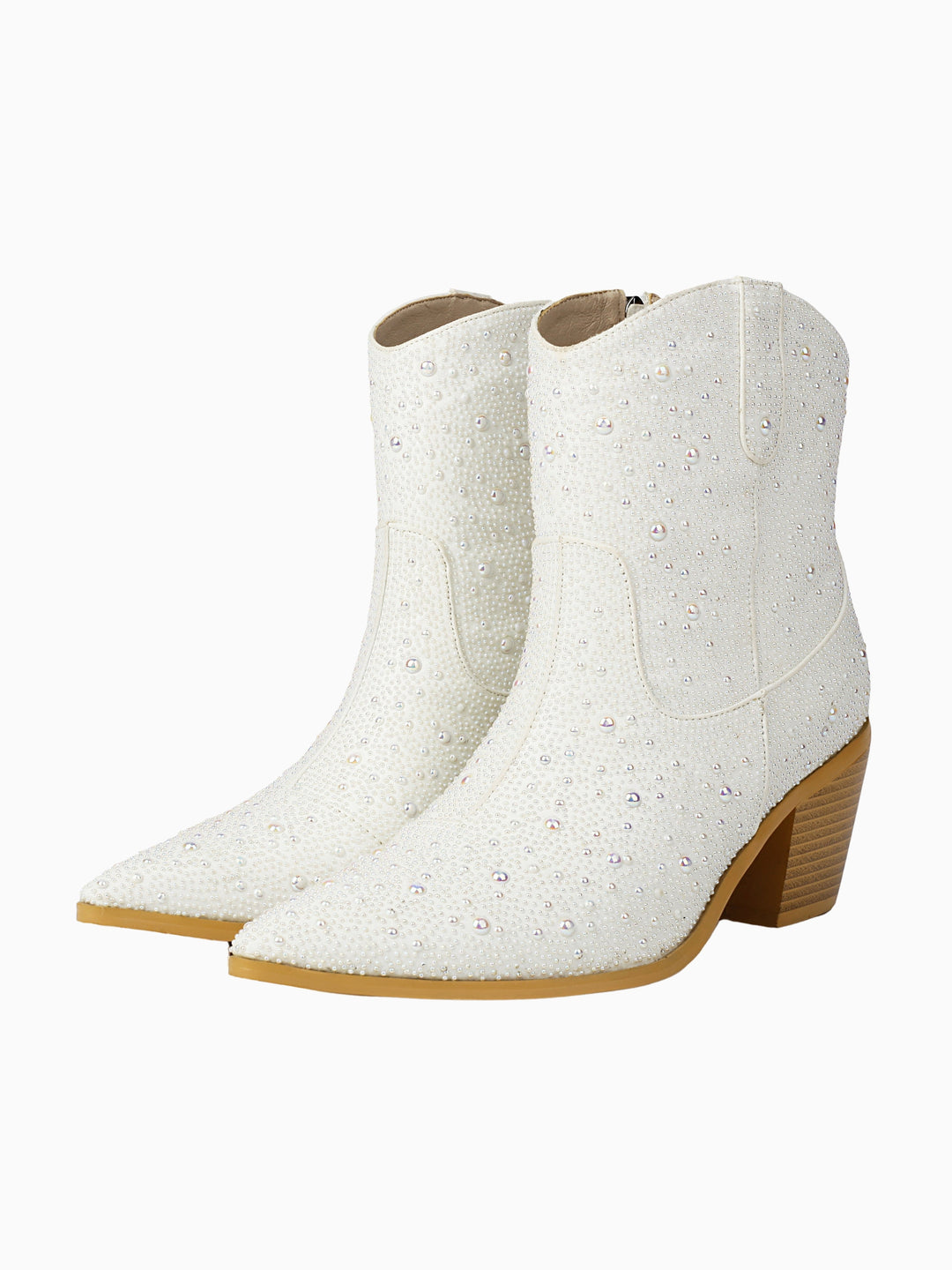 Elegant white women's bridal cowgirl boots, adorned with shimmering pearls and rhinestones, perfect for a western wedding.