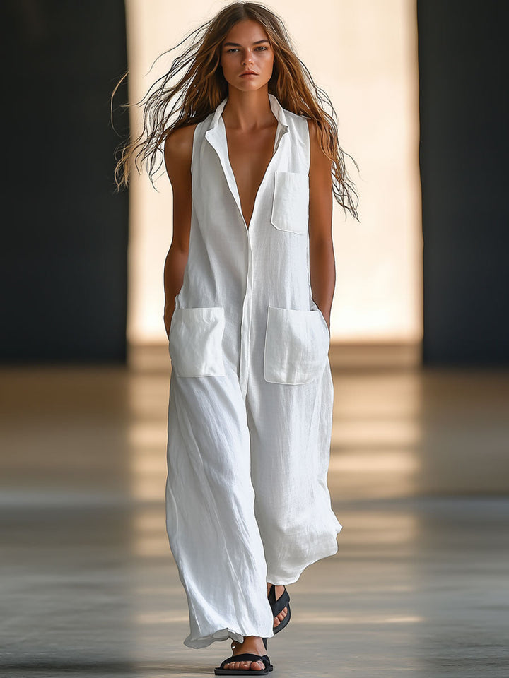 Elegant white women's deep V-neck sleeveless wide-leg jumpsuit with practical pockets, perfect for summer resort wear.