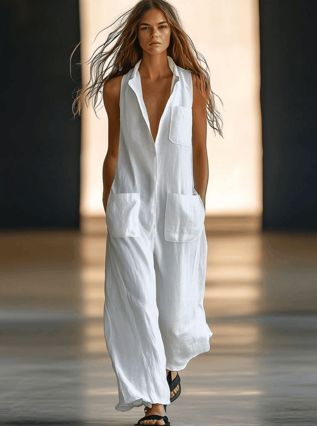 Chic sleeveless V-neck jumpsuit for women in white, featuring wide legs & pockets; ideal for elegant summer resort wear.