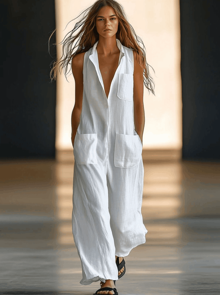 Chic sleeveless V-neck jumpsuit for women in white, featuring wide legs & pockets; ideal for elegant summer resort wear.