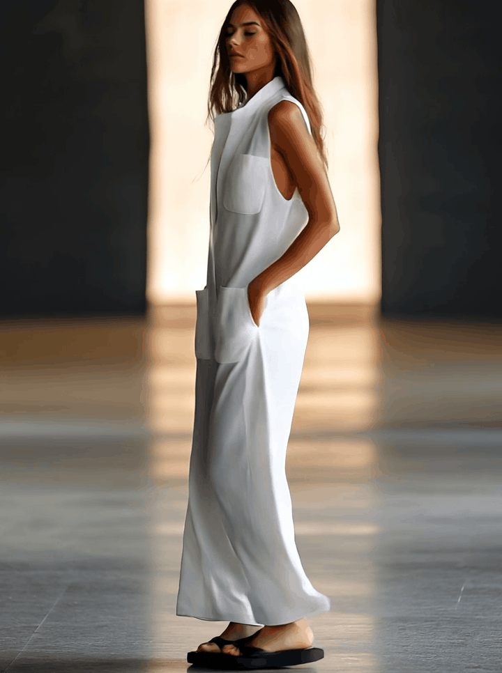 Effortless white women's sleeveless V-neck wide-leg jumpsuit with pockets, offering comfort & casual elegance.
