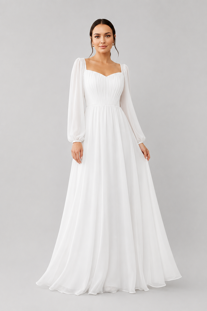 Elegant white women's maxi dress with sweetheart neckline & long sleeves, perfect for formal events.
