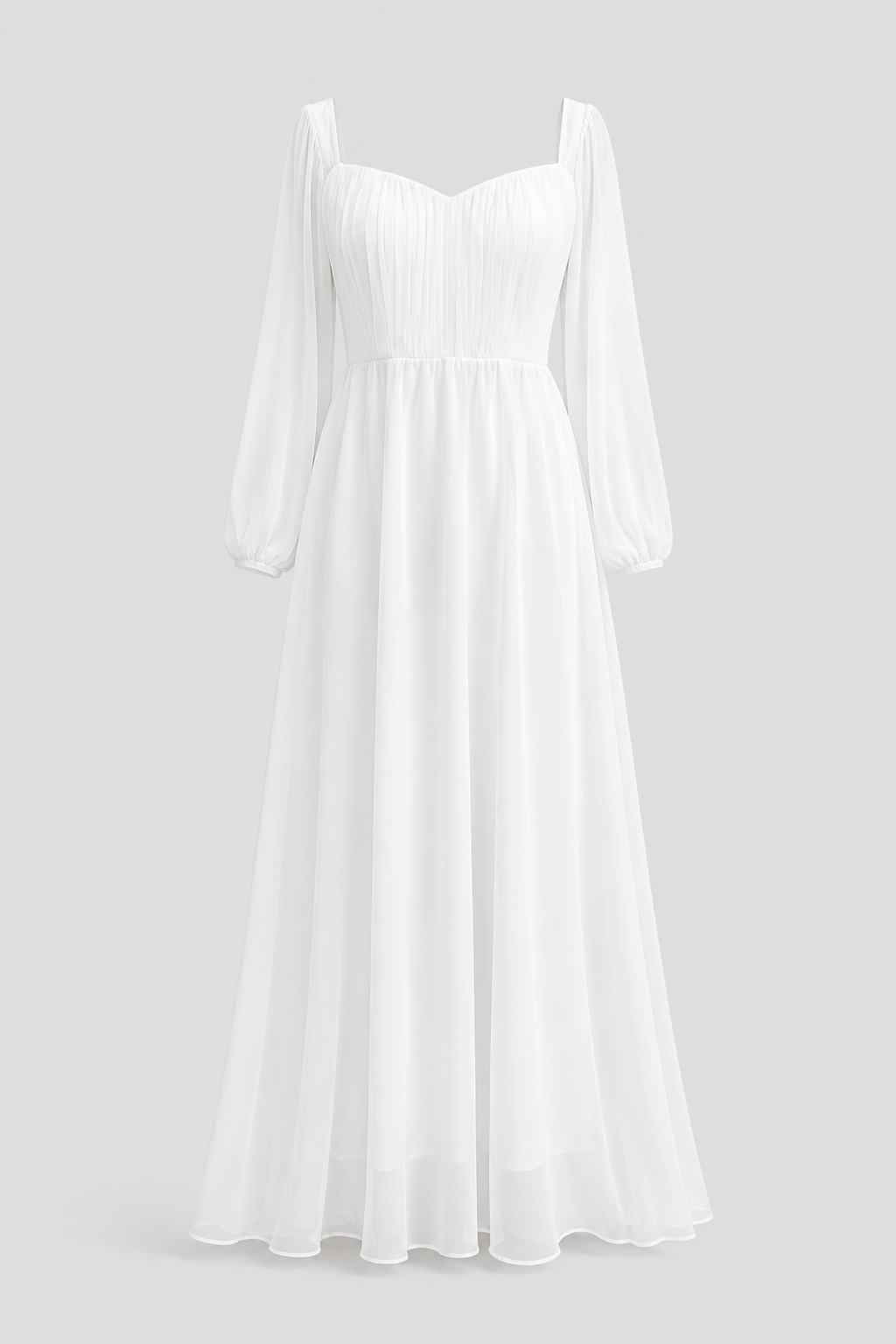 Women's formal white evening gown featuring a sweetheart neck & long sleeves for elegant parties.