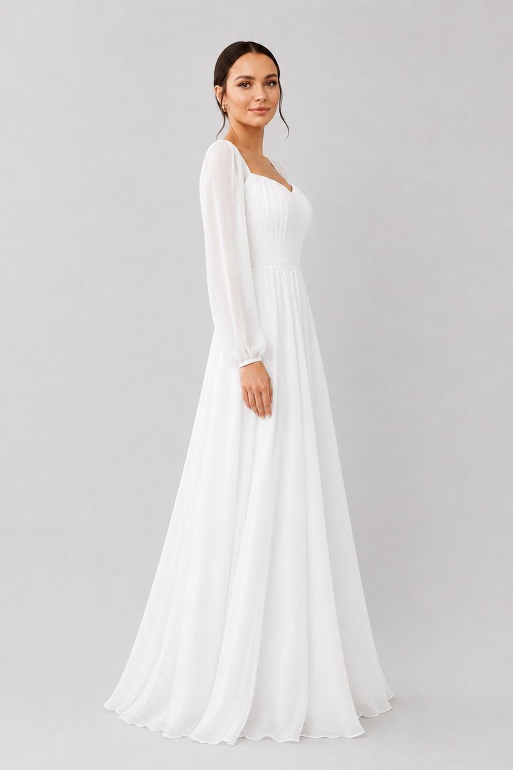 Long sleeve white maxi dress for women with a flattering sweetheart neckline. Ideal for formal wear.
