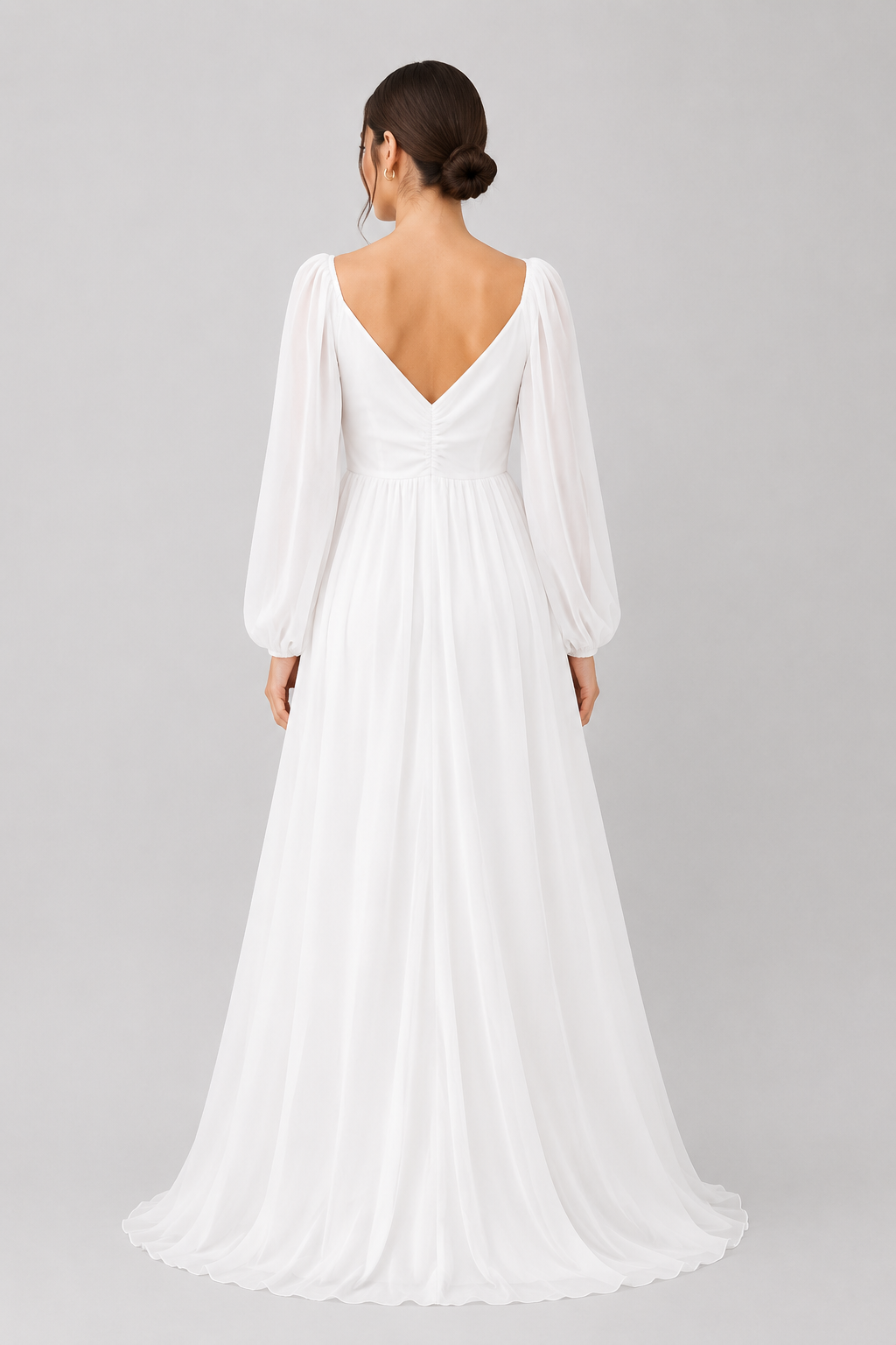 Stunning women's white maxi dress, sweetheart neck, long sleeves. A beautiful choice for special occasions.