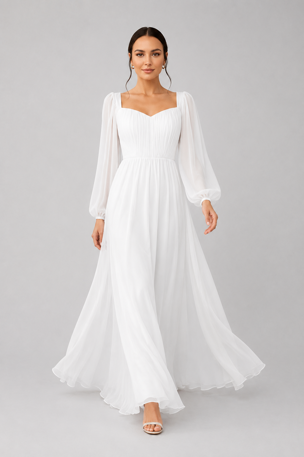 Women's elegant white maxi dress, sweetheart neckline, long sleeve. Perfect formal party dress.
