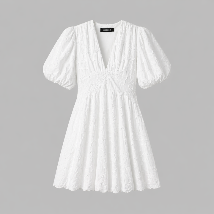 Versatile women's floral V-neck midi dress, A-line cut, textured white fabric, flattering for any occasion.