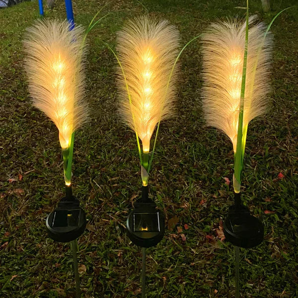 Single wicker-style garden light casting a warm glow on the pathway.