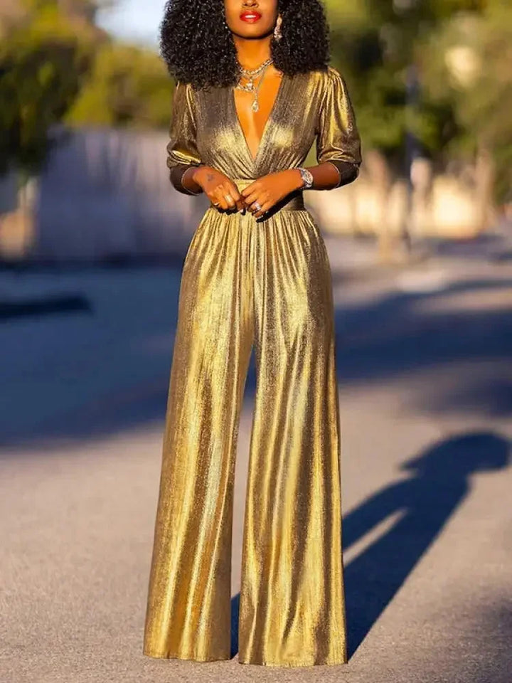 Women's elegant evening jumpsuit, a glamorous wide leg formal outfit for parties, cocktails & special occasions.